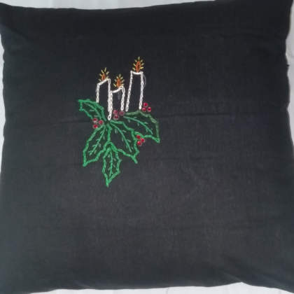 Black Cotton Cushion Cover, Christmas Theme with Hand Embroidered, 16×16 Inches