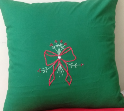 Green Cotton Cushion Cover, Christmas Theme with Hand Embroidered, 16x16 Inches