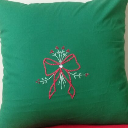 Green Cotton Cushion Cover, Christmas Theme with Hand Embroidered, 16x16 Inches