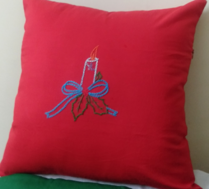 Red Cotton Cushion Cover, Christmas Theme with Hand Embroidered, 16×16 Inches