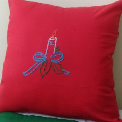 Red Cotton Cushion Cover, Christmas Theme with Hand Embroidered, 16×16 Inches