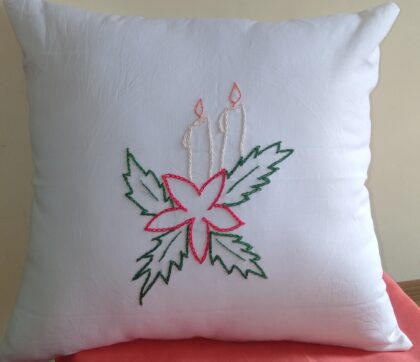White Cotton Cushion Cover, Christmas Theme with Hand Embroidered, 16×16 Inches