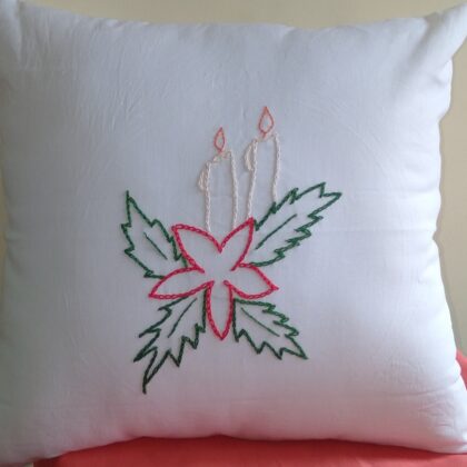 White Cotton Cushion Cover, Christmas Theme with Hand Embroidered, 16×16 Inches