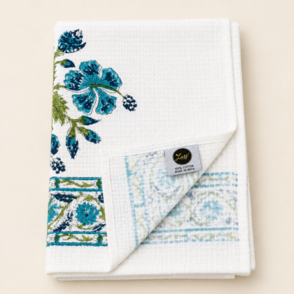 Indigo Bloom Hand Block Printed Waffle Hand Towel