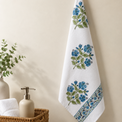 Indigo Bloom Hand Block Printed Waffle Bath Towel