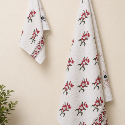 Morning Dew Hand Block Printed Waffle Bath & Hand Towel Set