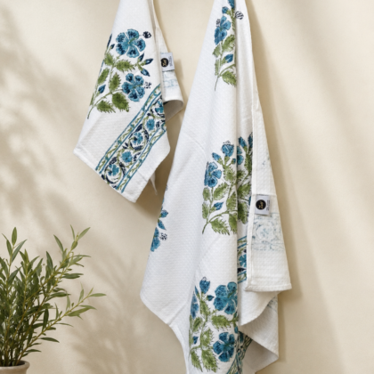 Indigo Bloom Hand Block Printed Waffle Bath & Hand Towel Set